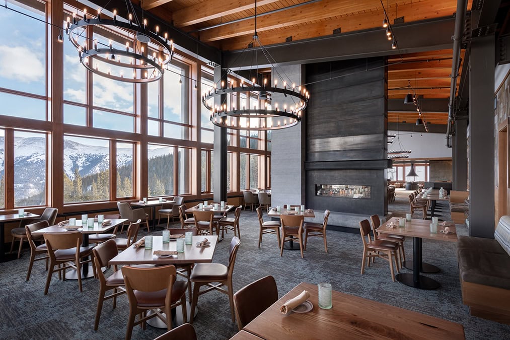 Forage and Feast dining room with chandeliers