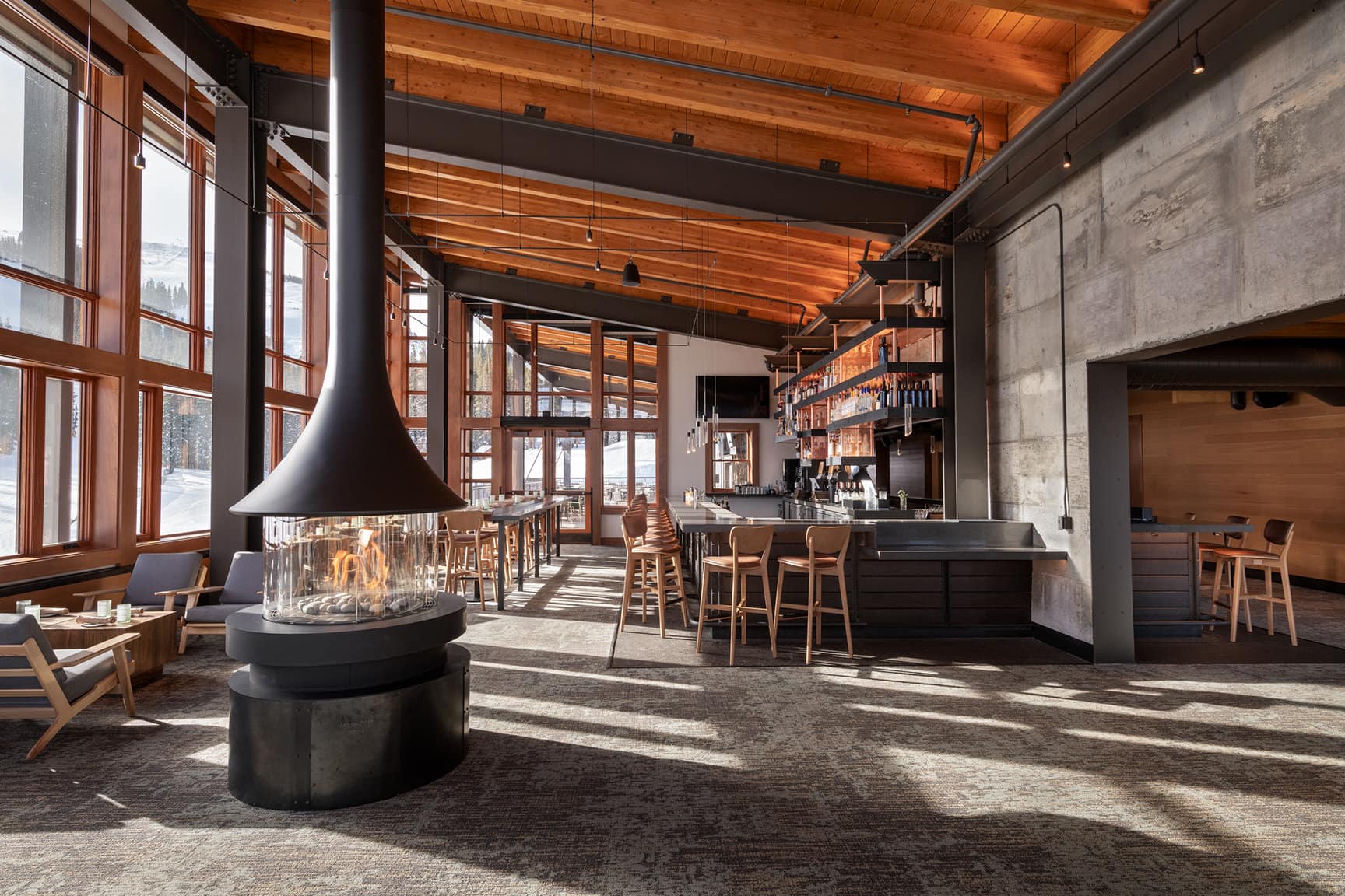 Aerie fireplace and bar interior