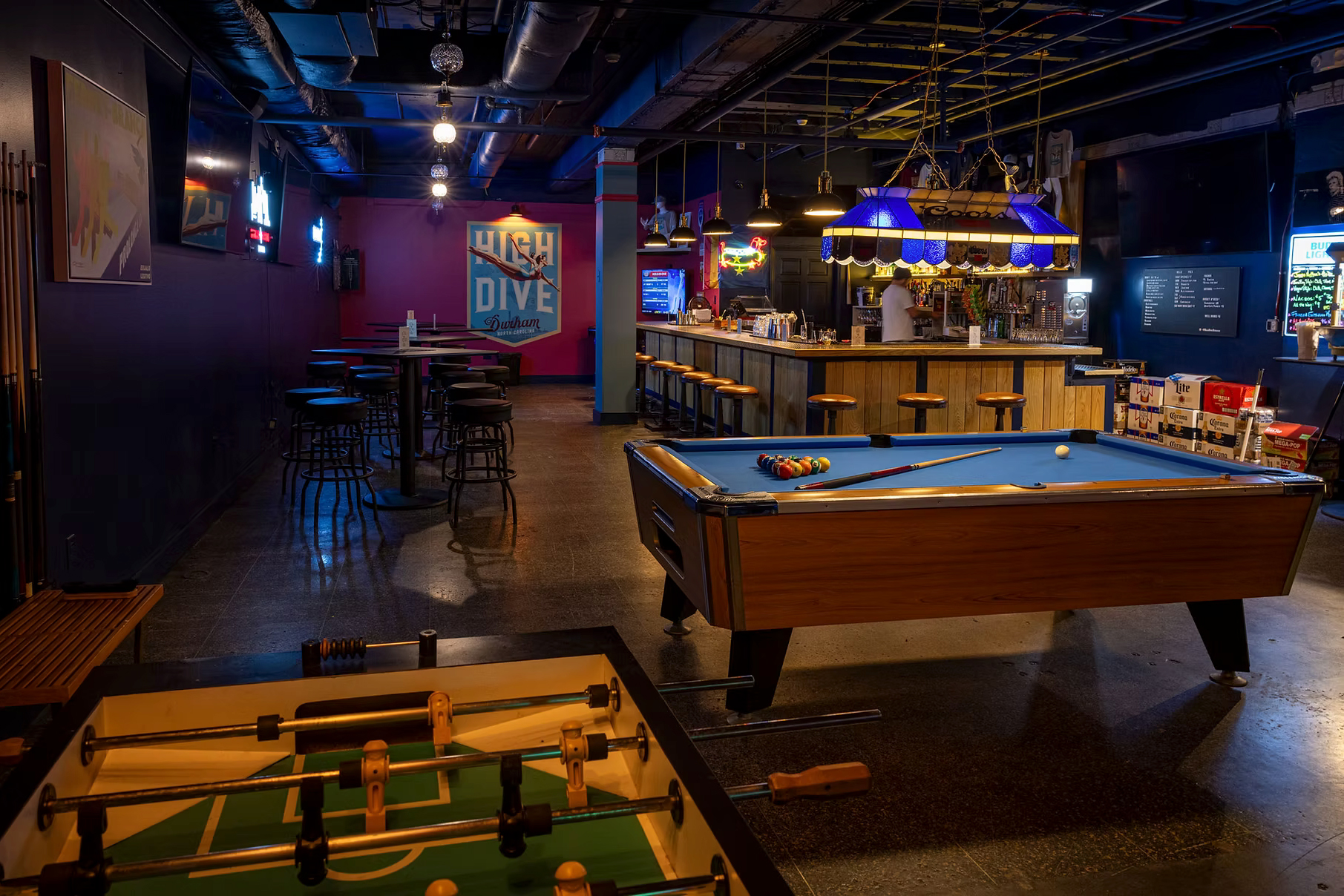 High Dive bar, games, signage, and interior identity