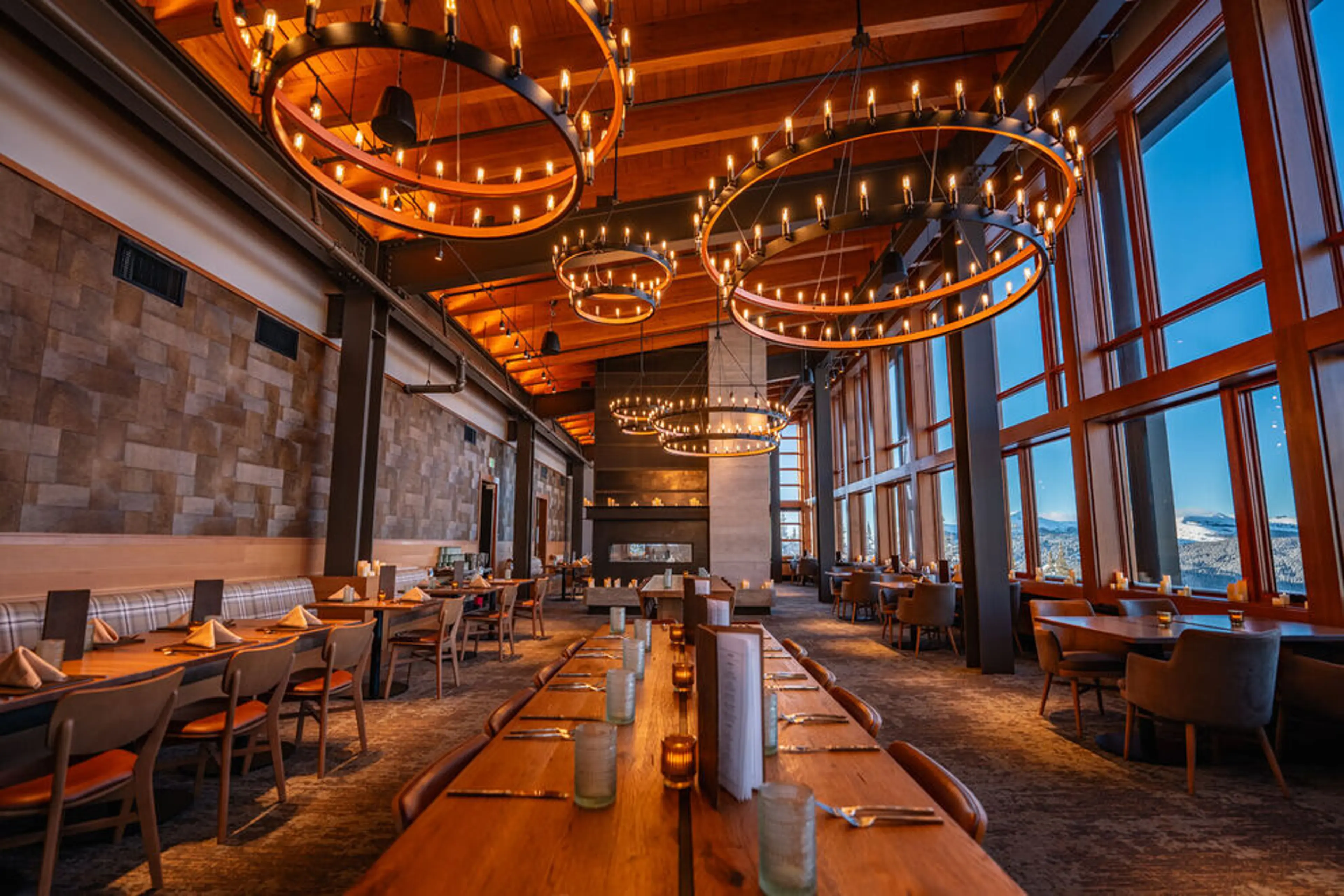 Forage and Feast dining room with circular chandeliers